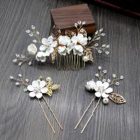 Decorative Hair Combs, Zinc Alloy, hair comb & hair stick, with Plastic Pearl, 4 pieces & for woman & with rhinestone 170*60mm,110*50mm,100*30mm 