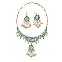 Turquoise Jewelry Sets, Zinc Alloy, earring & necklace, with turquoise & Plastic Pearl, gold color plated, 2 pieces & Bohemian style & for woman Approx 16.14 Inch 