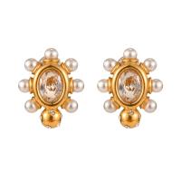 Stainless Steel Cubic Zirconia Stud Earring, 304 Stainless Steel, with Plastic Pearl, 18K gold plated, fashion jewelry & micro pave cubic zirconia & for woman, golden [