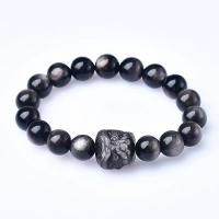 Gemstone Bracelets, Silver Obsidian, Lion, folk style & Unisex Approx 6-9 Inch 