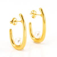 Edelstahl Stud Ohrring, 304 Edelstahl, mit Kunststoff Perlen, Buchstabe U, 18K vergoldet, Modeschmuck & für Frau, 12x30mm, verkauft von Paar