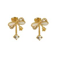 Stainless Steel Drop Earring, 304 Stainless Steel, with White Shell, Bowknot, 18K gold plated, fashion jewelry & for woman & with rhinestone 