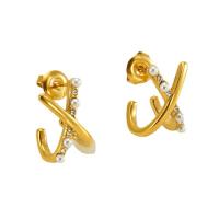 Stainless Steel Cubic Zirconia Stud Earring, 304 Stainless Steel, with Plastic Pearl, Letter X, 18K gold plated, fashion jewelry & micro pave cubic zirconia & for woman [