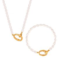 Natural Freshwater Pearl Jewelry Sets, with Titanium Steel, fashion jewelry & for woman, golden Approx 15.75 Inch, Approx 7.48 Inch 