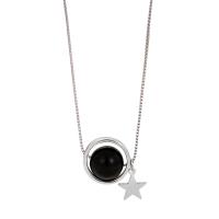 Sterling Silver Jewelry Necklace, 925 Sterling Silver, with Black Agate, with 5CM extender chain & for woman, silver color Approx 40 cm 