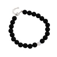 Gemstone Bracelets, 925 Sterling Silver, with White Chalcedony & Black Agate, plated, fashion jewelry & for woman 