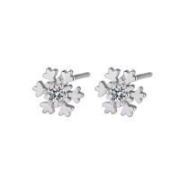 Sterling Silver Stud Earring, 925 Sterling Silver, Snowflake, plated, fashion jewelry & micro pave rhinestone & for woman, silver color, 6mm 