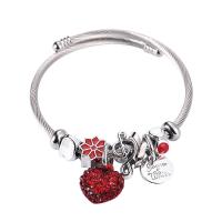 Stainless Steel  European Bracelets, Titanium Steel, with Zinc Alloy, Heart, silver color plated, fashion jewelry & for woman & enamel & with rhinestone inner ~68mm 