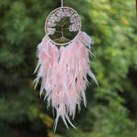Fashion Dream Catcher, Feather, with Gemstone Chips & Plastic Pearl & Iron, plated, for home and office, pink, 650mm 