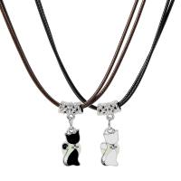 PU -Schnur-Halskette, Zinklegierung, mit Lederband, mit Verlängerungskettchen von 1.97inch, Katze, 2 Stück & Doppelschicht & unisex, 25x10mm, Länge:ca. 17.32 ZollInch, verkauft von setzen[