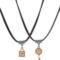 PU Leather Cord Necklace, Zinc Alloy, with leather cord, with 1.97inch extender chain, Lock and Key, 2 pieces & Double Layer & Unisex Approx 17.32 Inch [