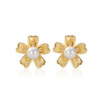 Sterling Silver Stud Earring, 925 Sterling Silver, with Plastic Pearl, Flower, polished, for woman 