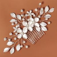 Decorative Hair Combs, Zinc Alloy, with Plastic Pearl, Flower, silver color plated, fashion jewelry & for woman & with rhinestone, white 