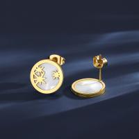 Titanium Steel Earrings, with Pearl Oyster, Round, Vacuum Ion Plating, fashion jewelry & for woman, gold 
