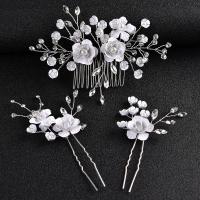 Iron Hair Jewelry Set, hair comb & hair stick, with Plastic Pearl, three pieces & for woman & with rhinestone, white 