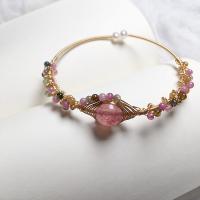 Bracelets perles de pierres semi-précieuses, alliage de zinc, avec perle d'eau douce cultivée & Strawberry Quartz, Placage de couleur d'or, pour femme, rose Environ 37 cm, Vendu par PC