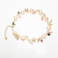 Gemstone Pearl Bracelets, Zinc Alloy, with Labradorite & Freshwater Pearl & Tourmaline, gold color plated, for woman Approx 38 cm [