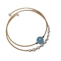 Bracelets perles de pierres semi-précieuses, alliage de zinc, avec aigue-marine & perle d'eau douce cultivée, Placage de couleur d'or, pour femme, bleu Environ 38 cm, Vendu par PC