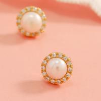 Rhinestone Brass Stud Earring, with Plastic Pearl, Round, gold color plated, for woman & with rhinestone, white, 10mm 