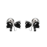 Sterling Silver Stud Earring, 925 Sterling Silver, Bowknot, for woman & with rhinestone, silver color 