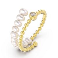 Cultured Freshwater Pearl Finger Ring, with Brass, gold color plated, fashion jewelry & for woman & with rhinestone, white, 3-3.5mm,3mm 