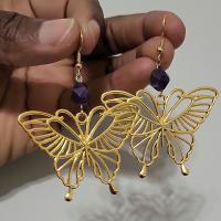 Quartz Earring, Zinc Alloy, with Amethyst, Butterfly, gold color plated, fashion jewelry & for woman & hollow 
