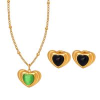 Titanium Steel Jewelry Set, with Glass Stone & Cats Eye, with 1.97inch extender chain, Heart, Vacuum Ion Plating, fashion jewelry & for woman, golden Approx 15.75 Inch 