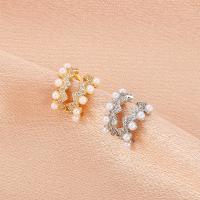Brass Earring Clip, with Plastic Pearl, micro pave 57 pcs cubic zirconia & fashion jewelry & for woman 11mm 