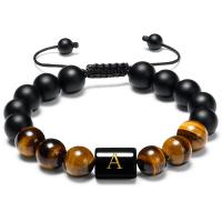 Gemstone Bracelets, Tiger Eye, with Abrazine Stone, handmade, fashion jewelry & letters are from A to Z & Unisex & adjustable 10mm Approx 22 cm 