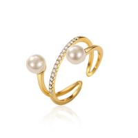 Cubic Zirconia Micro Pave Sterling Silver Finger Ring, 925 Sterling Silver, with Plastic Pearl, plated, micro pave cubic zirconia & for woman 
