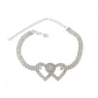 Zinc Alloy Anklet, Heart, silver color plated, fashion jewelry & for woman & with rhinestone & hollow Approx 22-32 cm 