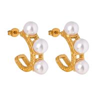 Titanium Steel Earrings, with Plastic Pearl, Vacuum Ion Plating, fashion jewelry & for woman 