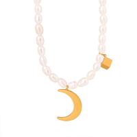 Natural Freshwater Pearl Necklace, Titanium Steel, with Freshwater Pearl, with 3.15inch extender chain, Moon, fashion jewelry & for woman, golden Approx 14.96 Inch 