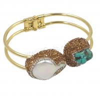 Bracelets de perles en turquoises, laiton, avec turquoise & perle, Placage de couleur d'or, bijoux de mode & pavé de micro zircon & pour femme, 8-12x13-16mm,14-16x20-24mm, Diamètre inté Environ 65mm, Vendu par PC[