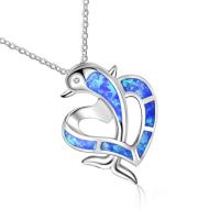 Rhinestone Zinc Alloy Necklace, with Opal, with 5cm extender chain, Dolphin, silver color plated, fashion jewelry & for woman & with rhinestone, blue Approx 45 cm 