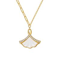 Cubic Zirconia Micro Pave Sterling Silver Necklace, 925 Sterling Silver, with White Shell, Ginkgo Leaf, plated, micro pave cubic zirconia & for woman 40-45CM 