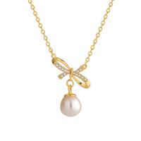 Cubic Zircon Micro Pave Sterling Silver Necklace, 925 Sterling Silver, with Freshwater Pearl, with 5CM extender chain, Bowknot, plated, micro pave cubic zirconia & for woman, golden Approx 40 cm 
