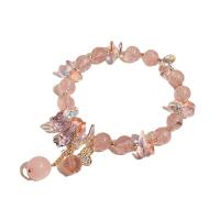 Quartz Bracelets, Strawberry Quartz, with Crystal & Brass, Calabash, gold color plated, Korean style & micro pave cubic zirconia & for woman Approx 6.7 Inch [