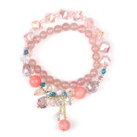 Quartz Bracelets, Strawberry Quartz, with Crystal & Brass, 14K gold plated, Double Layer & Korean style & for woman Approx 6.7 Inch 