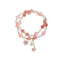 Quartz Bracelets, Strawberry Quartz, with Crystal & Zinc Alloy, Flower, gold color plated, Korean style & micro pave cubic zirconia & for woman Approx 6.7 Inch 