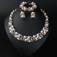 Rhinestone Zinc Alloy Jewelry Set, Plastic Pearl, bracelet & earring & necklace, with Zinc Alloy, with 5cm,7cm extender chain, gold color plated, three pieces & fashion jewelry & for woman Approx 18 cm, Approx 43 cm 