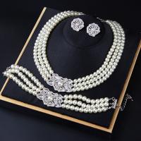 Rhinestone Zinc Alloy Jewelry Set, Plastic Pearl, Stud Earring & bracelet & necklace, with Rhinestone & Zinc Alloy, with 7cm extender chain, silver color plated, three pieces & fashion jewelry & multilayer & for woman, white Approx 23 cm, Approx 43 cm 