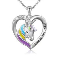 Stainless Steel Jewelry Necklace, 304 Stainless Steel Chain, with zinc alloy pendant, with 5cm extender chain, Unicorn, silver color plated, fashion jewelry & for woman & enamel & with rhinestone Approx 45 cm 