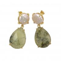 Brass Drop Earring, with Natural Stone & Freshwater Pearl, Teardrop, gold color plated, fashion jewelry & for woman 13-15mm 