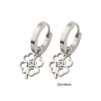 Huggie Hoop Drop Earring, 304 Stainless Steel, Four Leaf Clover, Vacuum Ion Plating, micro pave cubic zirconia & for woman, silver color 
