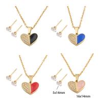 Cubic Zirconia Stainless Steel Jewelry Sets, 304 Stainless Steel, Stud Earring & necklace, with Brass, Heart, Vacuum Ion Plating, micro pave cubic zirconia & for woman & enamel Approx 51 cm 