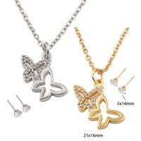 Cubic Zirconia Stainless Steel Jewelry Sets, 304 Stainless Steel, Stud Earring & necklace, with Brass, Butterfly, Vacuum Ion Plating, micro pave cubic zirconia & for woman Approx 50.2 cm [