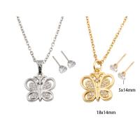 Cubic Zirconia Stainless Steel Jewelry Sets, 304 Stainless Steel, Stud Earring & necklace, with Brass, Butterfly, Vacuum Ion Plating, micro pave cubic zirconia & for woman Approx 49.8 cm 