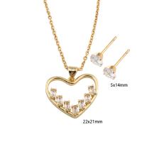 Cubic Zirconia Stainless Steel Jewelry Sets, 304 Stainless Steel, Stud Earring & necklace, with Brass, Heart, Vacuum Ion Plating, micro pave cubic zirconia & for woman, golden Approx 49.3 cm 