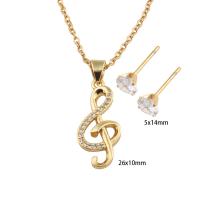 Cubic Zirconia Stainless Steel Jewelry Sets, 304 Stainless Steel, Stud Earring & necklace, with Brass, Music Note, Vacuum Ion Plating, micro pave cubic zirconia & for woman, golden Approx 51.2 cm [